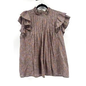 Victoria Dunn Jameson Ruffle Blouse Sz 2XL Floral Pleated Cotton Top Block Print